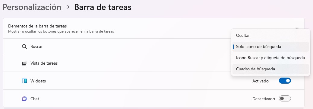 Configuración de la barra de tareas de Windows 11