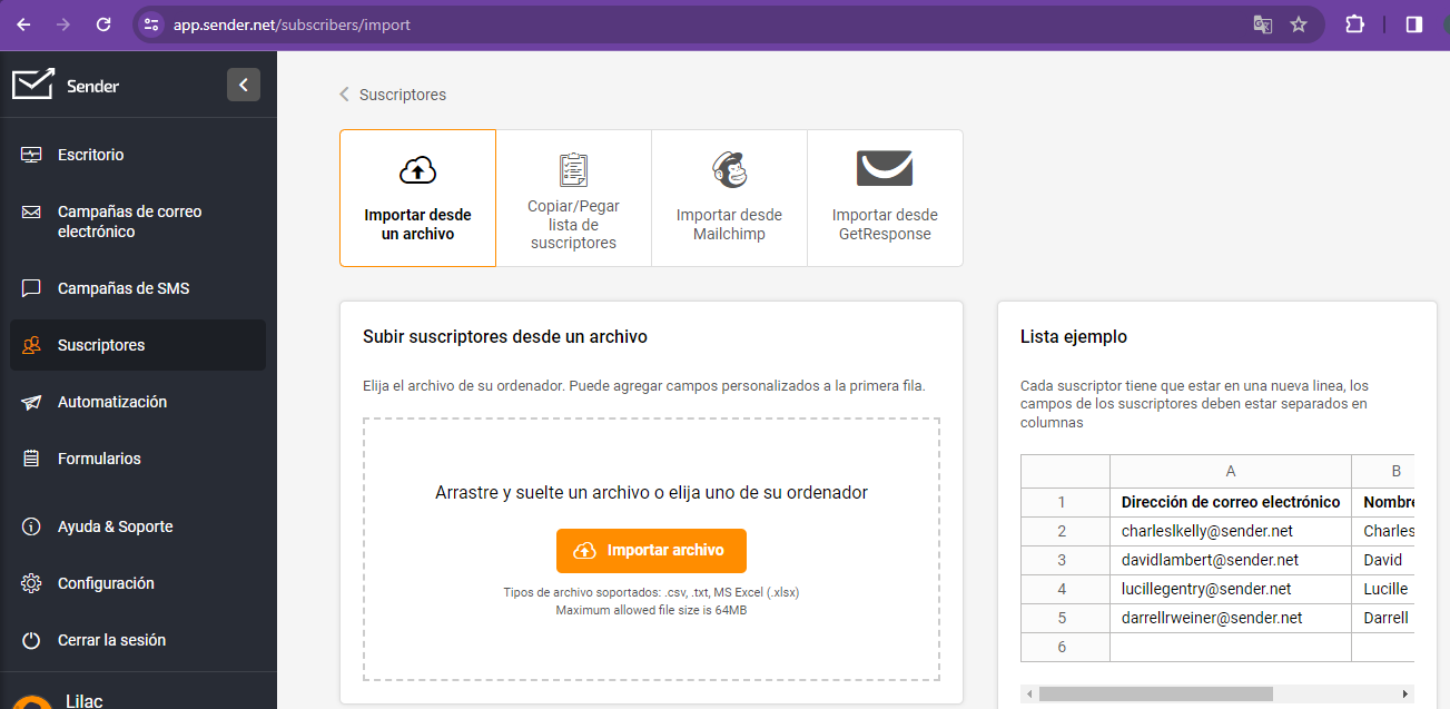 Opciones de importación de contactos de Sender