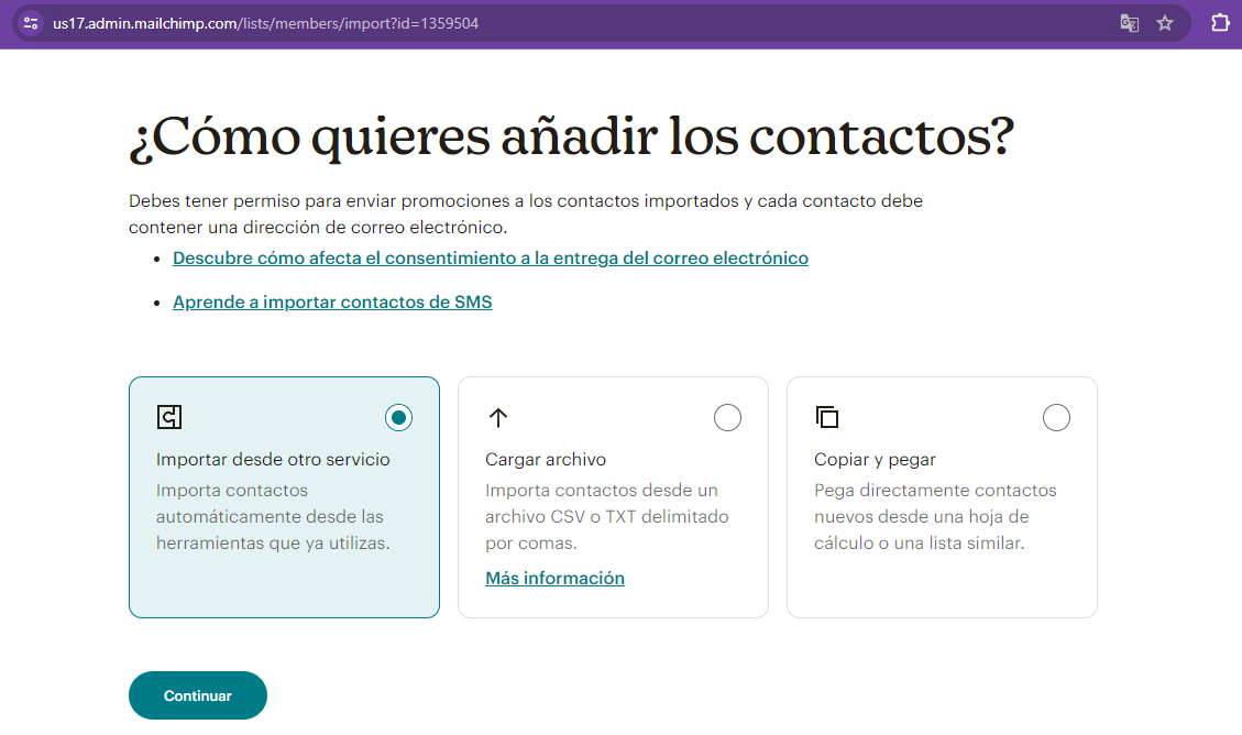 Opciones de importación de contactos de MailChimp