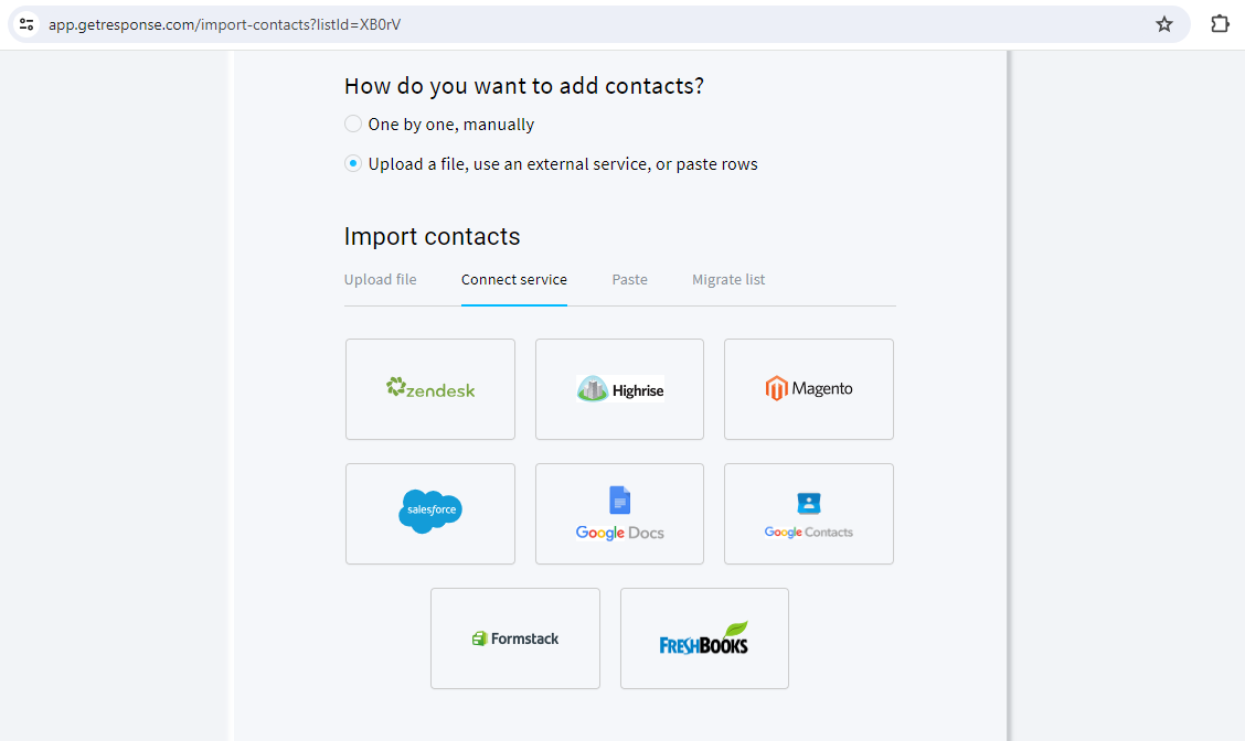 Opciones de importación de contactos de GetResponse